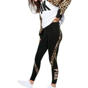 Victoria's Secret Pink Black Leopard Rose Gold Bling Sequin Leggings XL NWOT